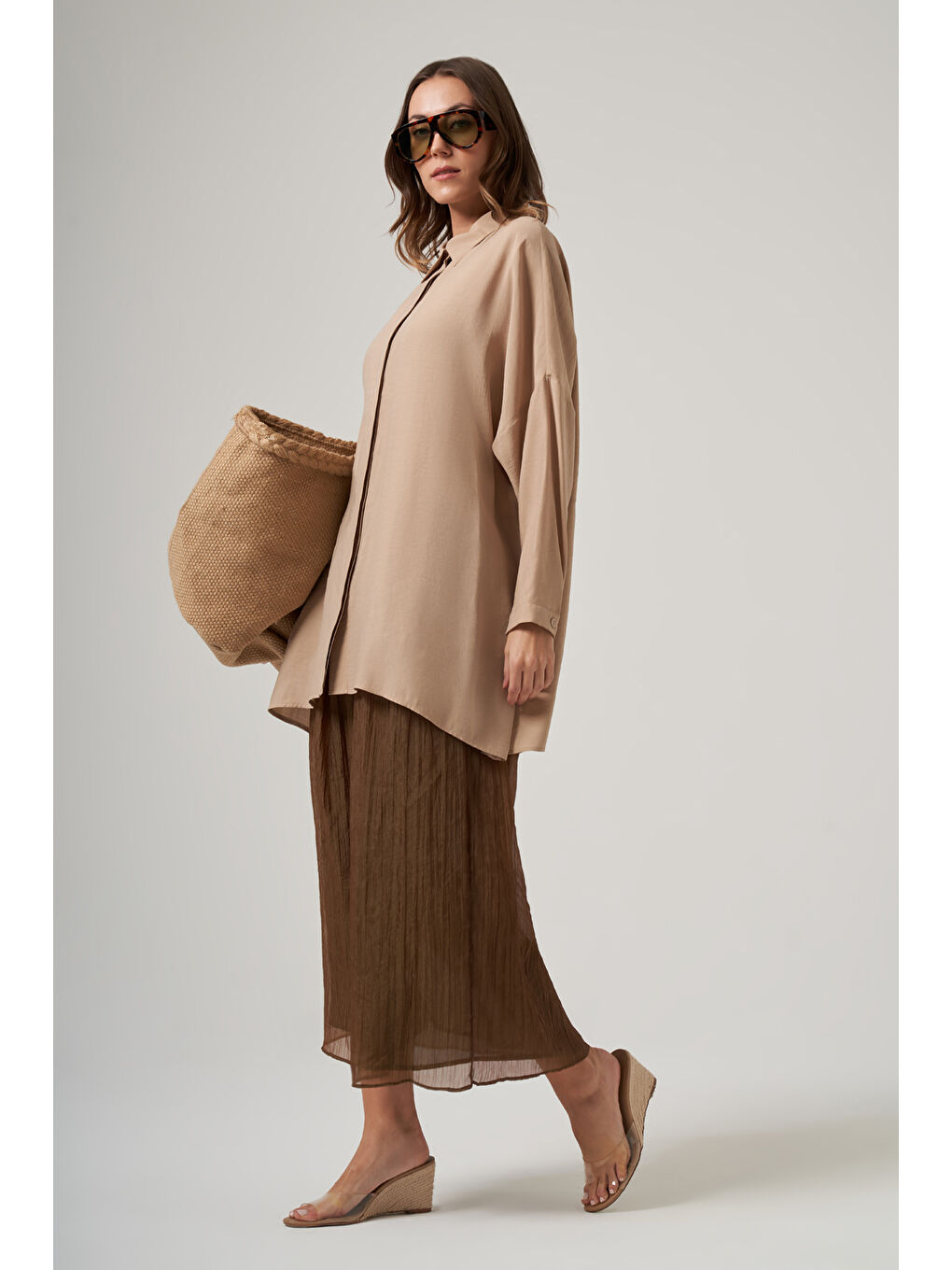 Kahverengi Oversize Basic Yazlık Gömlek 3001 Latte-1