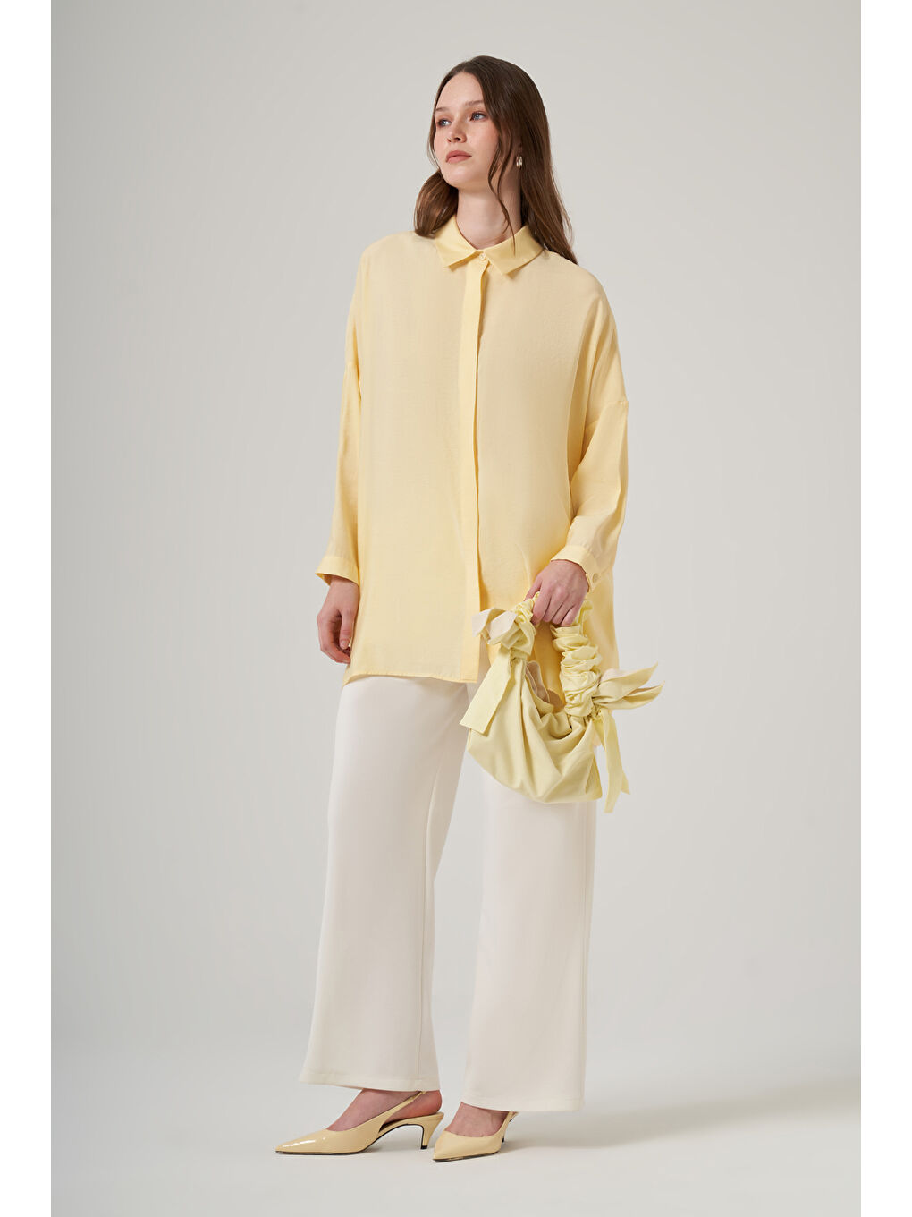 Bej Oversize Basic Yazlık Gömlek 3001 Vanilin Sarı-1