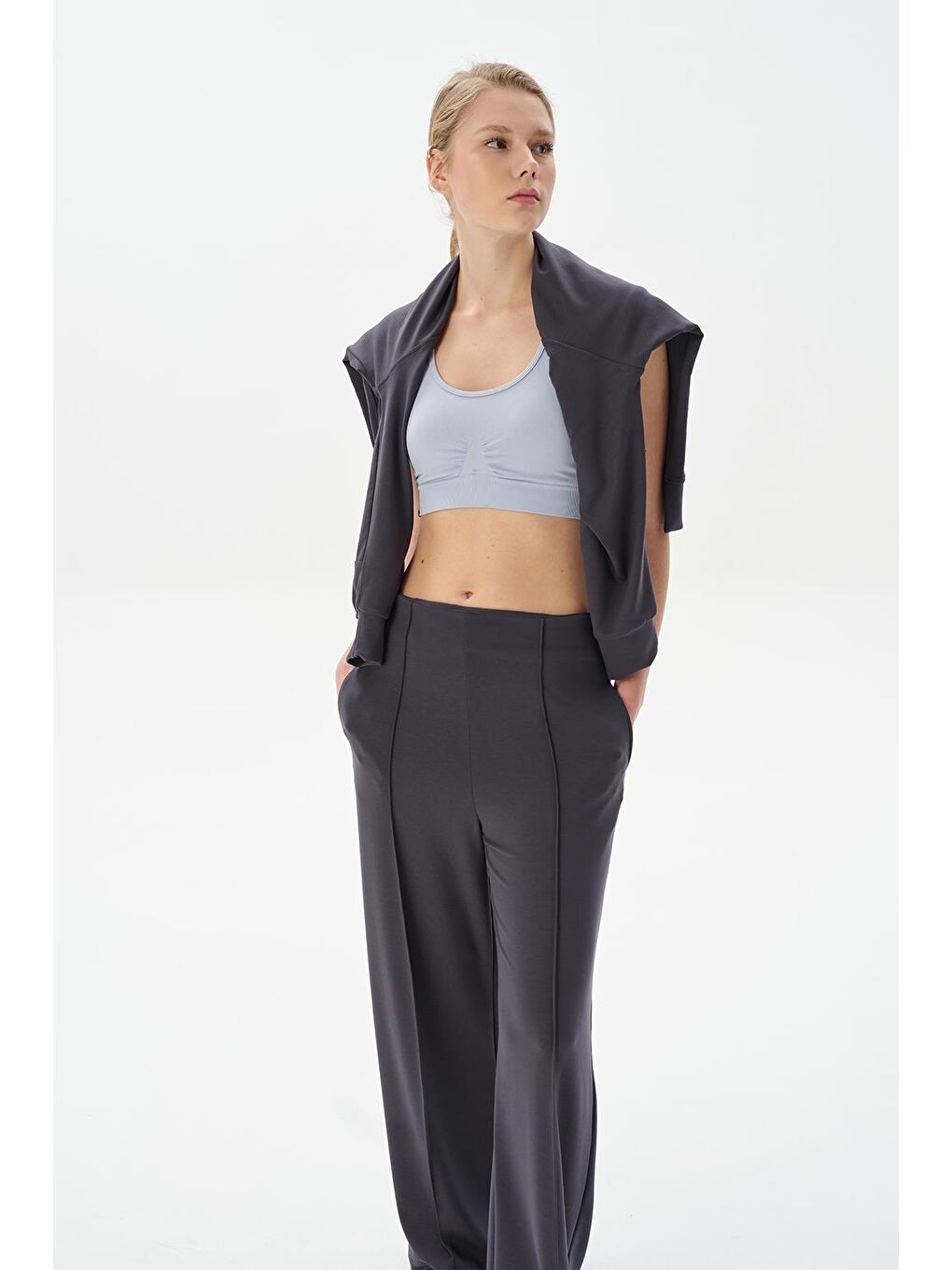 Gri Modal Örme Önü Dikişli Pantolon Füme-1