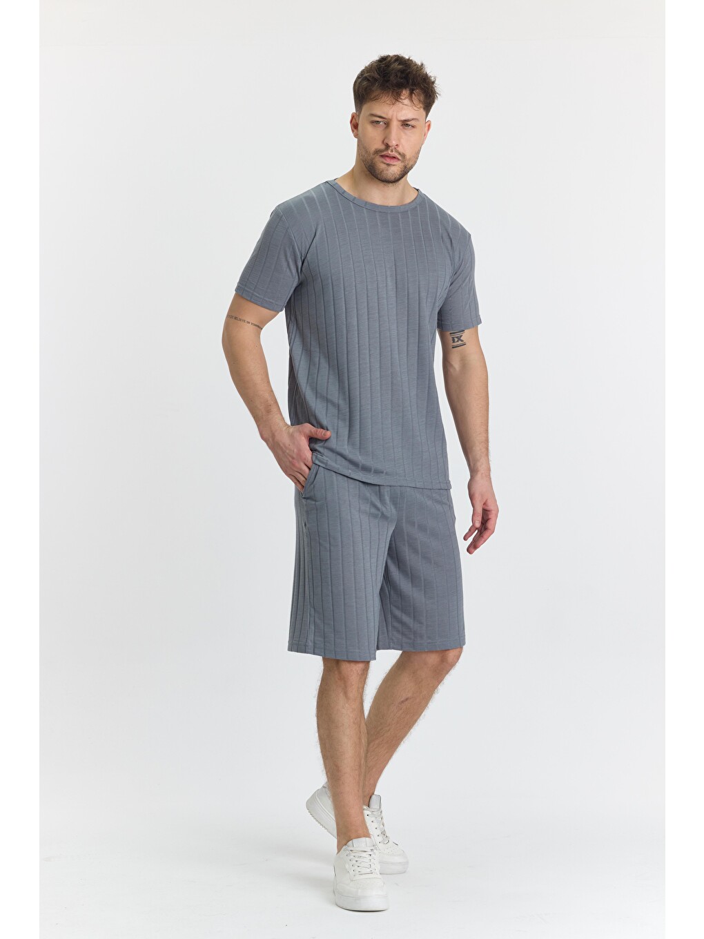 Erkek Çizgli Polycotton T-shirt Şort İkili Takım Gri 5734-g