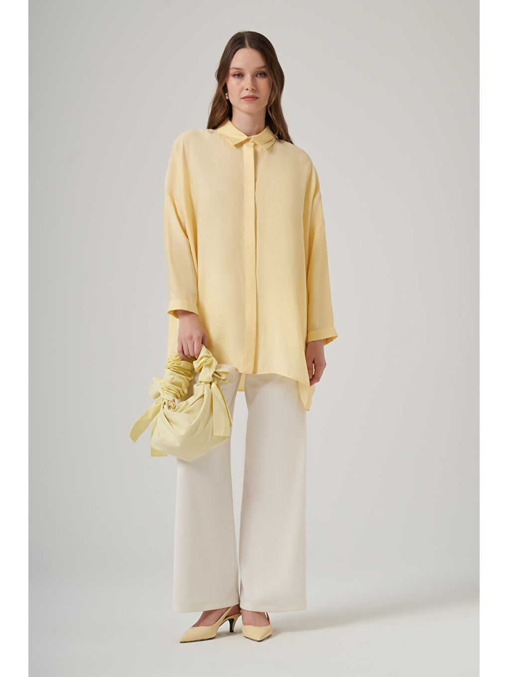 Bej Oversize Basic Yazlık Gömlek 3001 Vanilin Sarı-3