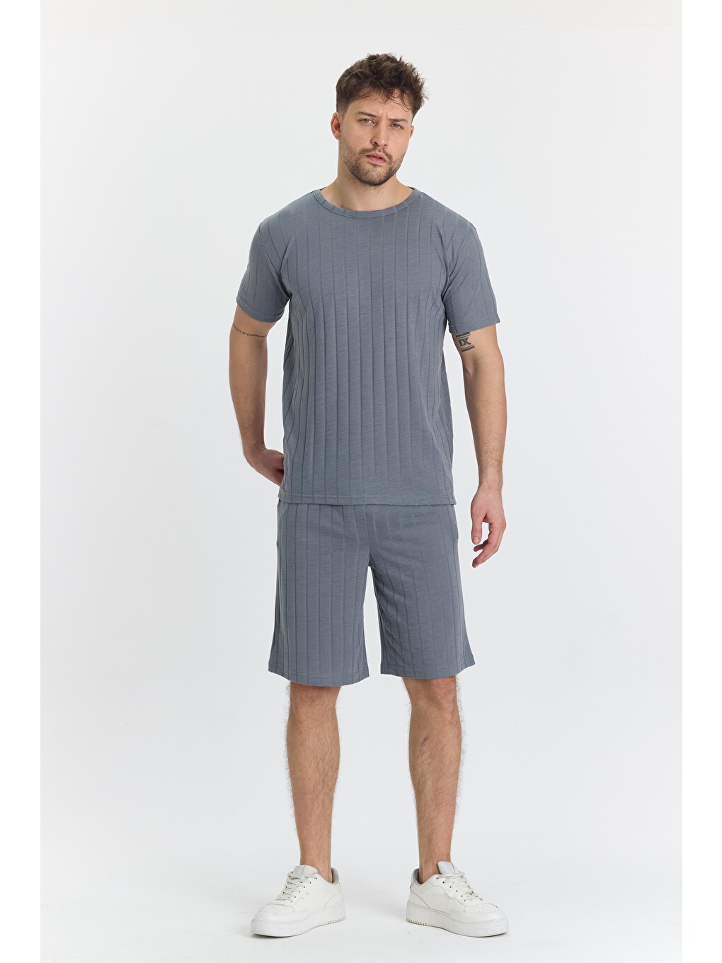 Erkek Çizgli Polycotton T-shirt Şort İkili Takım Gri 5734-g-1