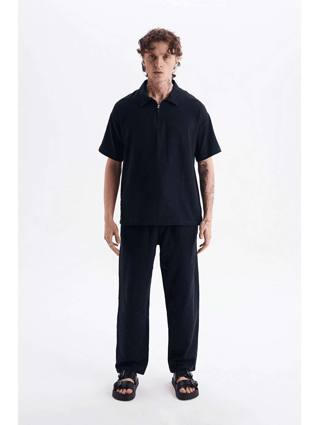 Erkek %100 Pamuklu Keten Görünümlü Pantolon Tshirt Takım Lacivert