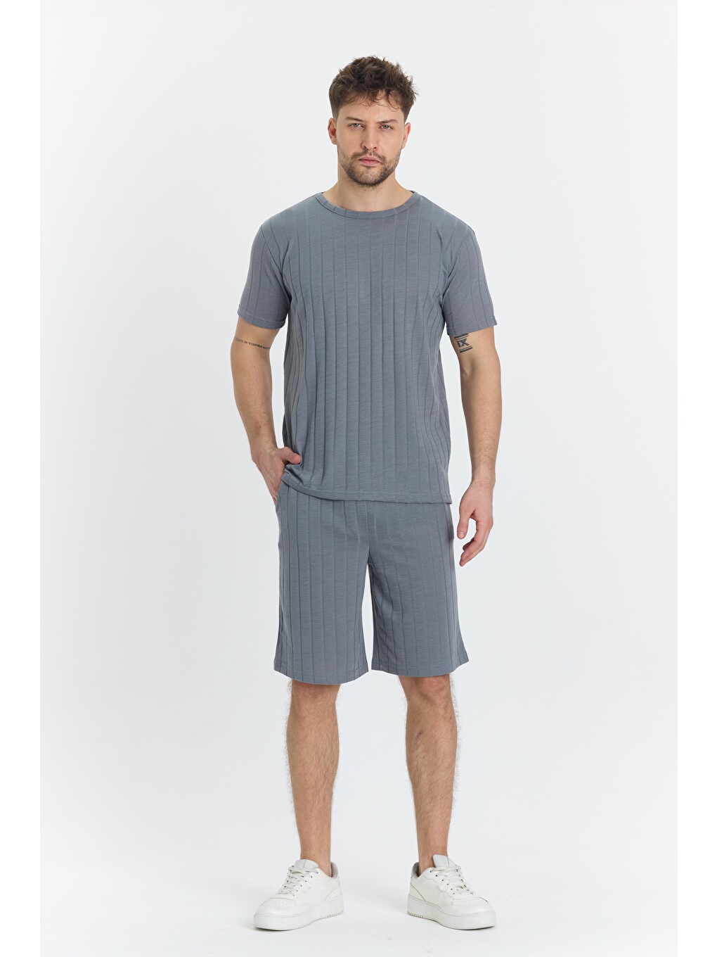 Erkek Çizgli Polycotton T-shirt Şort İkili Takım Gri 5734-g-2