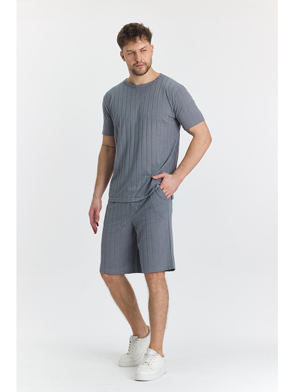 Erkek Çizgli Polycotton T-shirt Şort İkili Takım Gri 5734-g-3