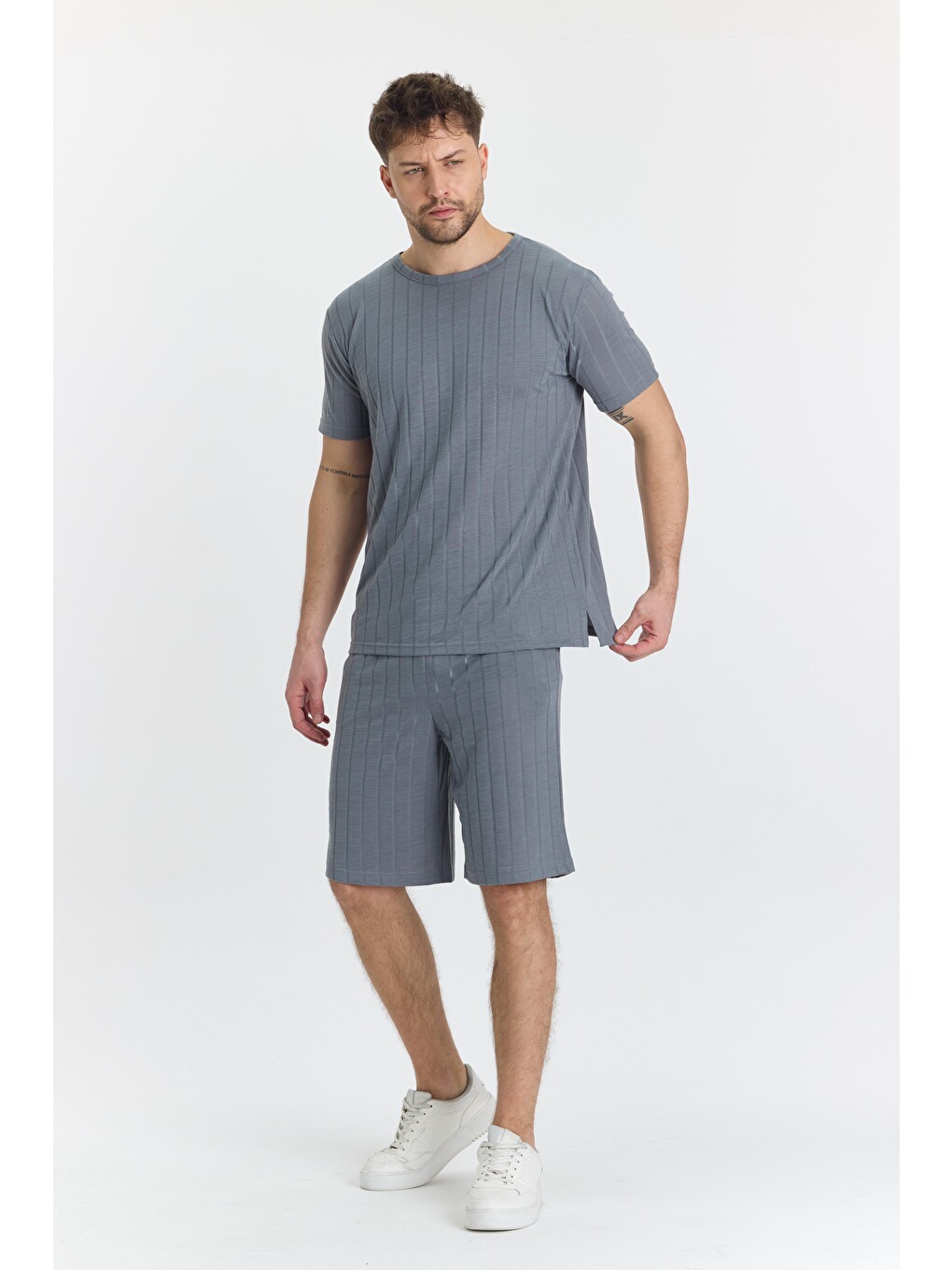 Erkek Çizgli Polycotton T-shirt Şort İkili Takım Gri 5734-g-4