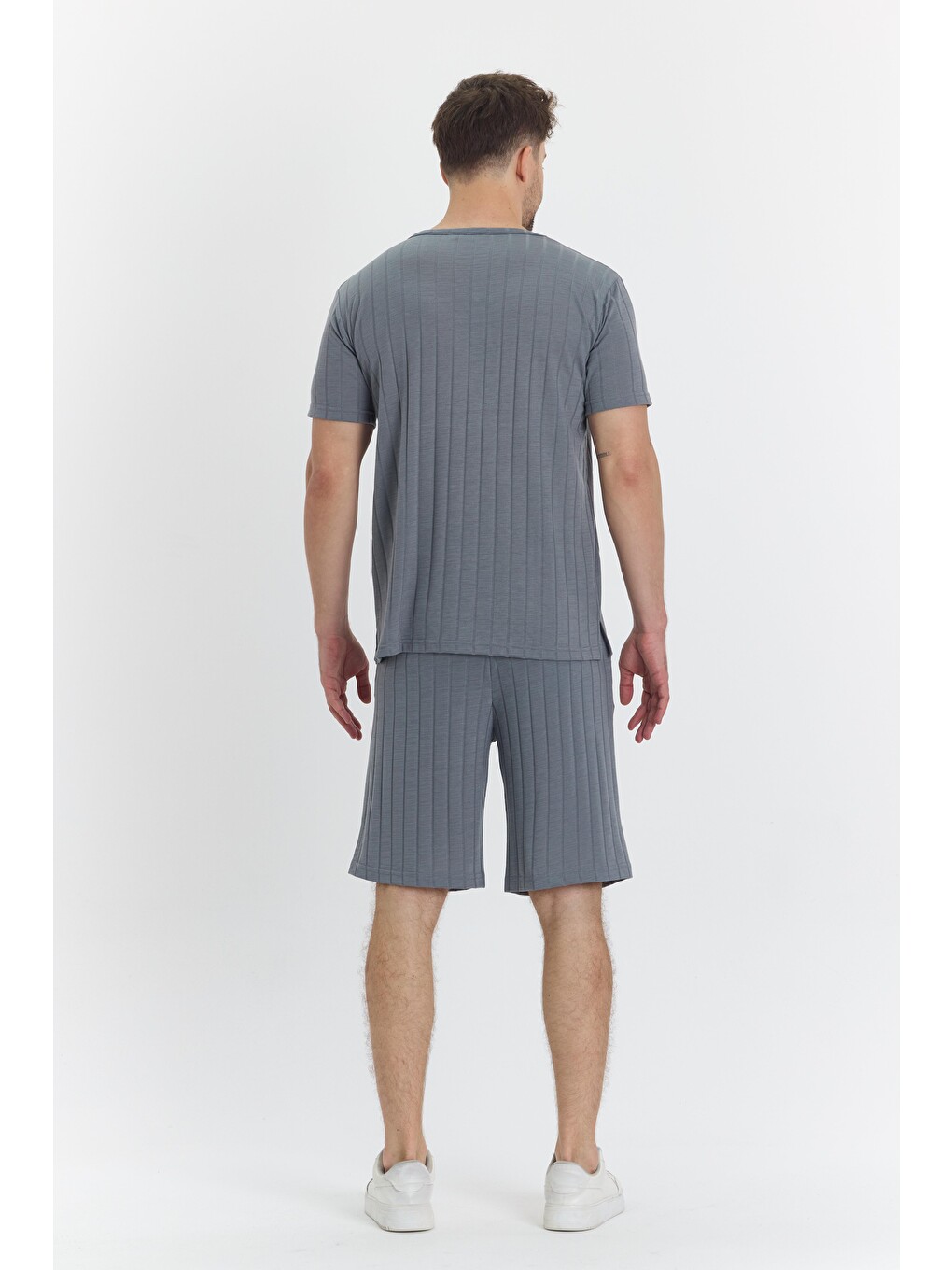 Erkek Çizgli Polycotton T-shirt Şort İkili Takım Gri 5734-g-5