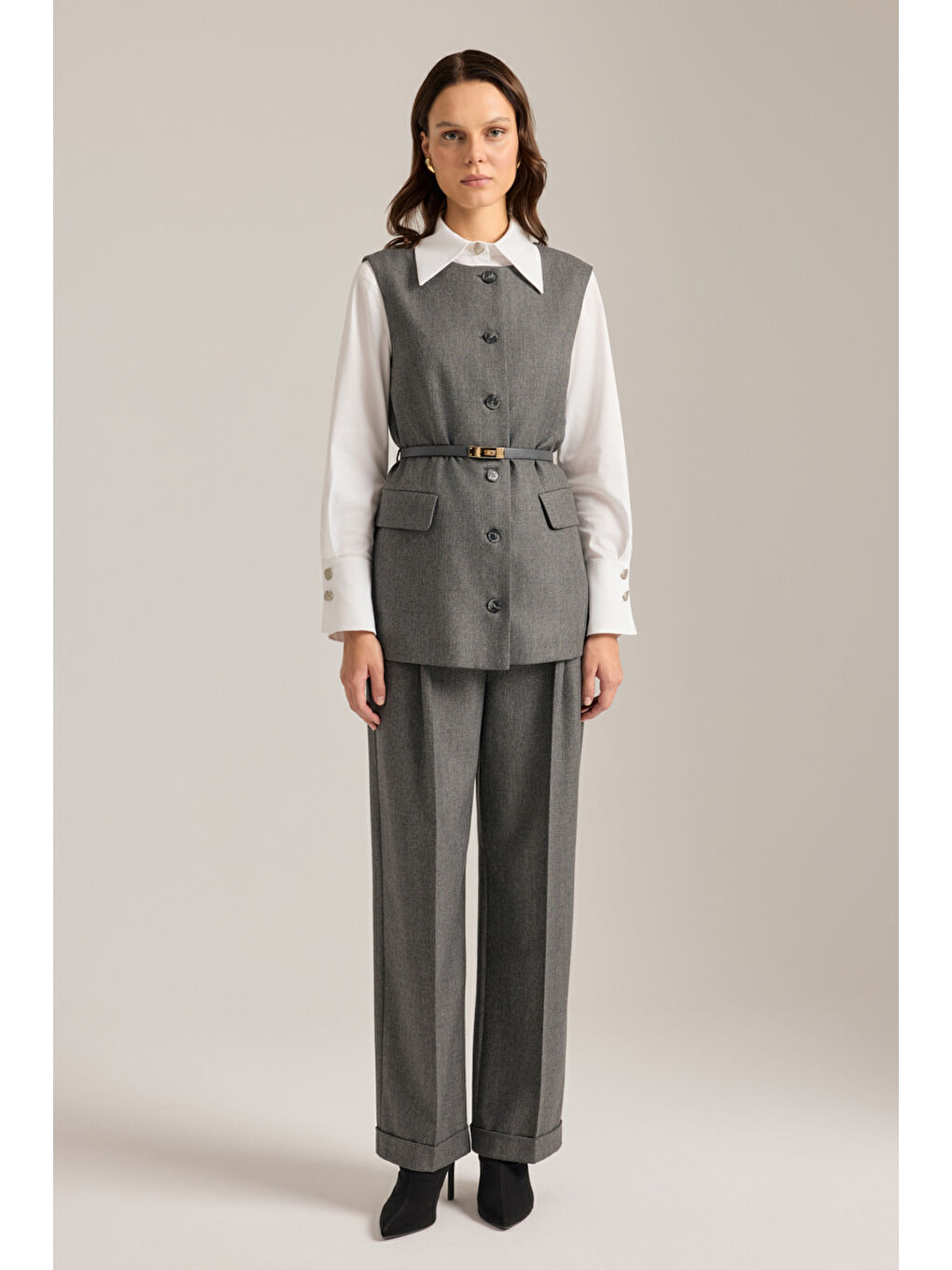 Antrasit Deri Kemer Detaylı Dokuma Yelek-1