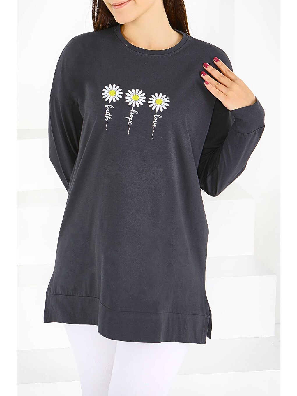 Uzun Kollu Taşlı Süprem Tunik Antrasit - 27583