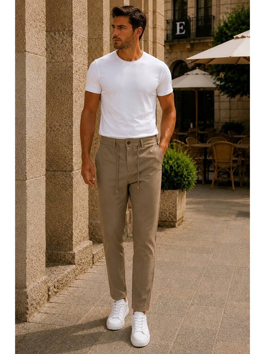 Erkek Premium Poliamid Kumaş Comfort Fit Jogger Bej Pantolon - 252dngr