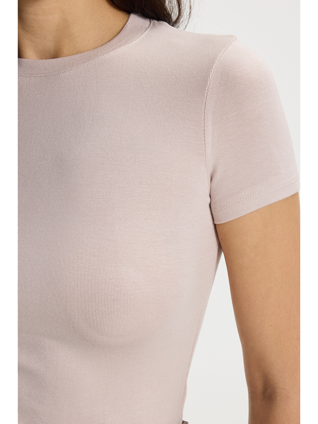 Kadın Slim Fit Dar Kesim Pamuklu Kısa Kollu Bisiklet Yaka Pembe Tişört-4