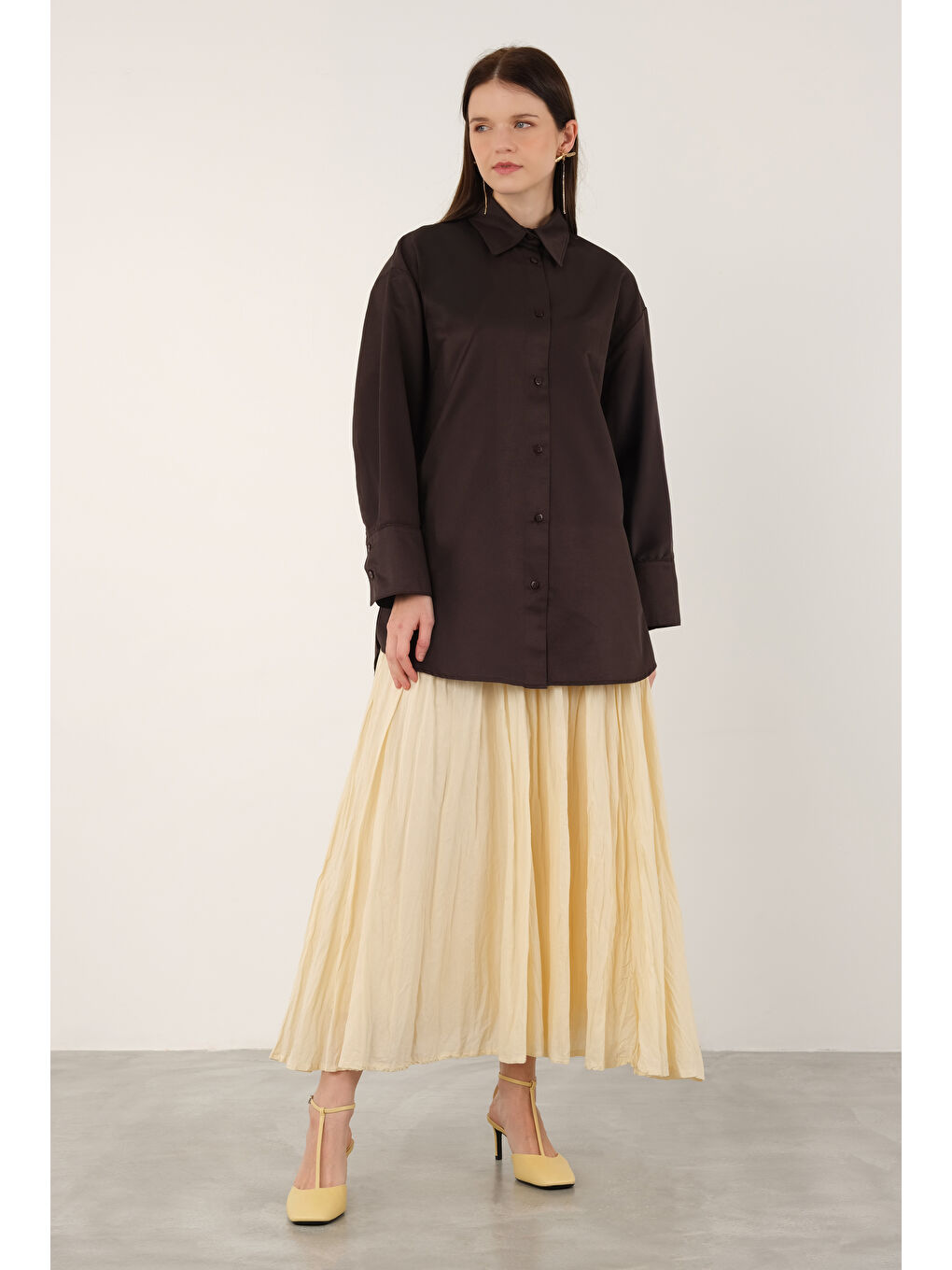 Kahverengi Poplin Gömlek Kısa Koyu Kahve-1