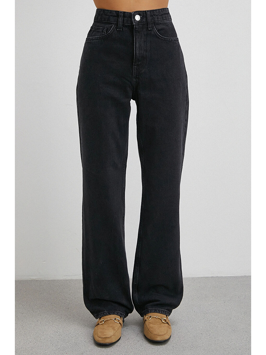 Yüksek Bel Boru Paça Jean Siyah-4