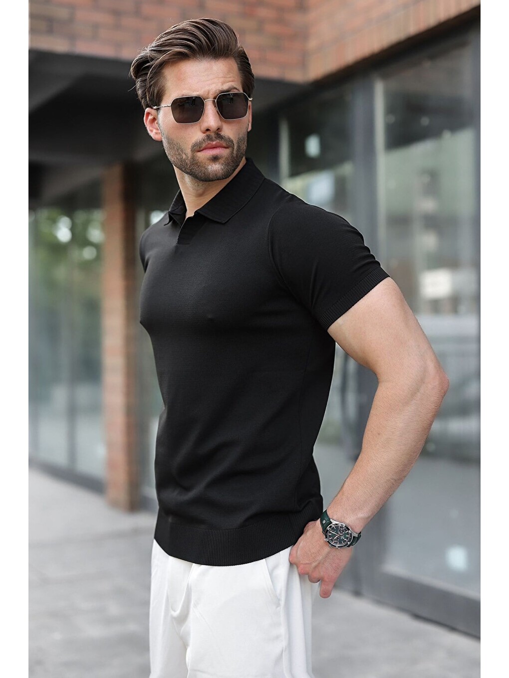 Siyah Regular Fit Polo Yaka Triko Erkek Tişört E7502-4