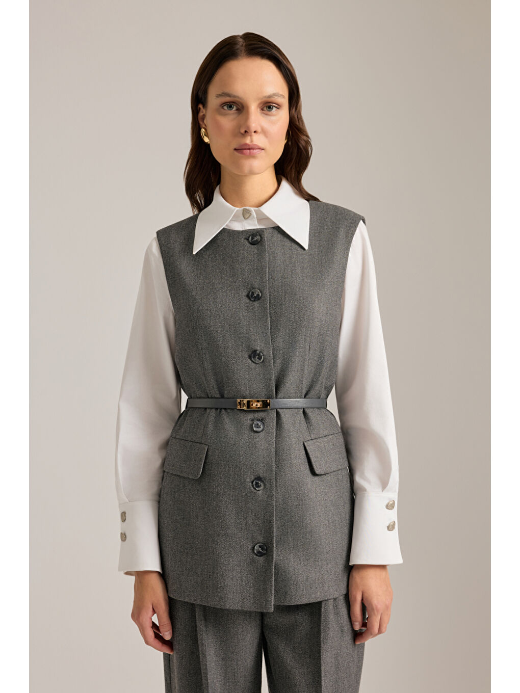 Antrasit Deri Kemer Detaylı Dokuma Yelek-2