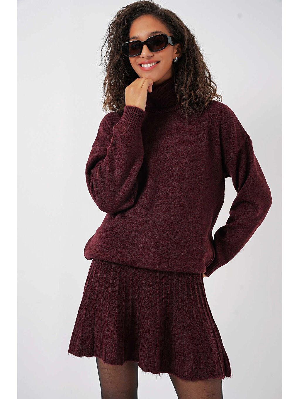 Kadın Mürdüm Kazak Etek Triko İkili Takım HZL25W-BD1102641-1