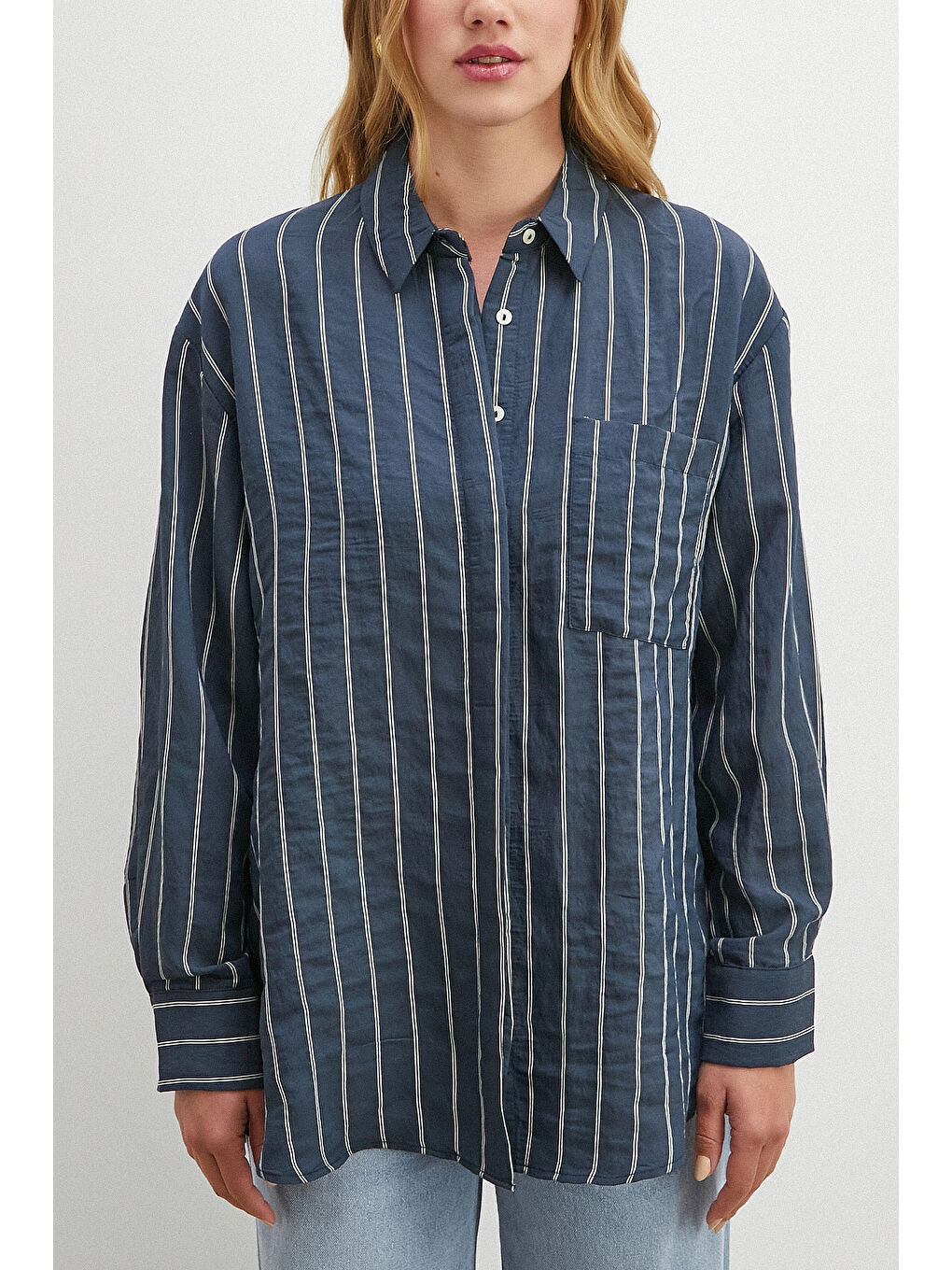 Çizgili Cepli Modal Gömlek Lacivert-3