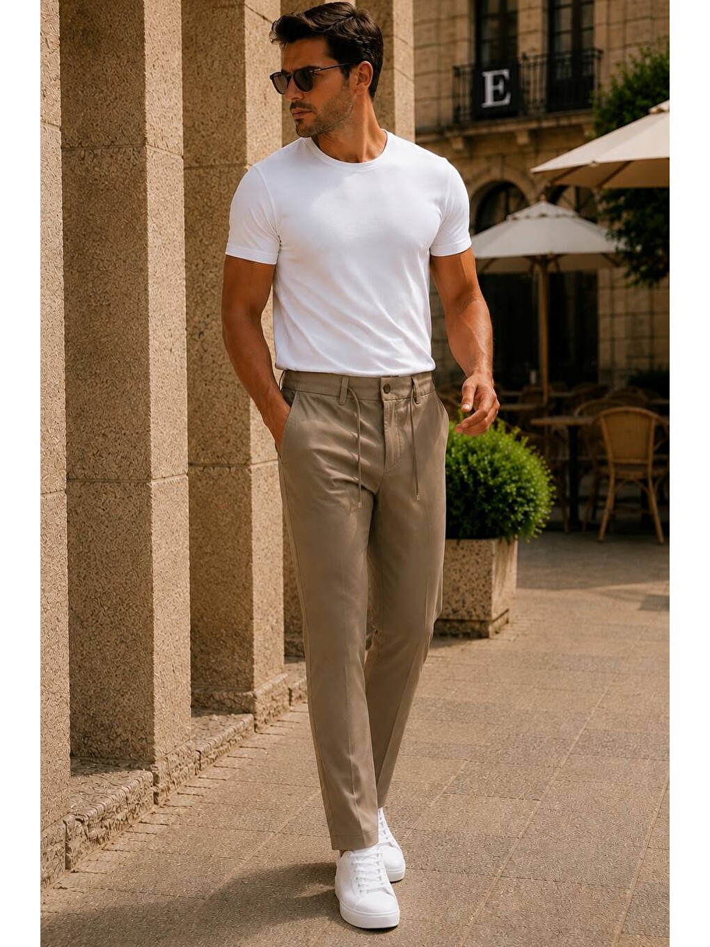 Erkek Premium Poliamid Kumaş Comfort Fit Jogger Bej Pantolon - 252dngr-1