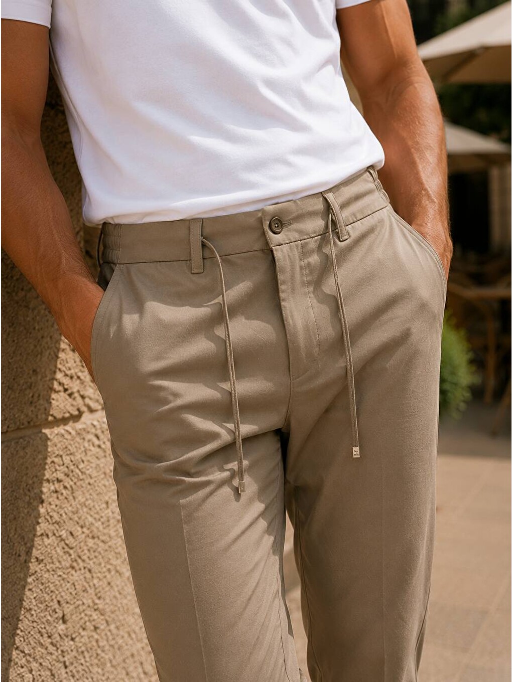 Erkek Premium Poliamid Kumaş Comfort Fit Jogger Bej Pantolon - 252dngr-2