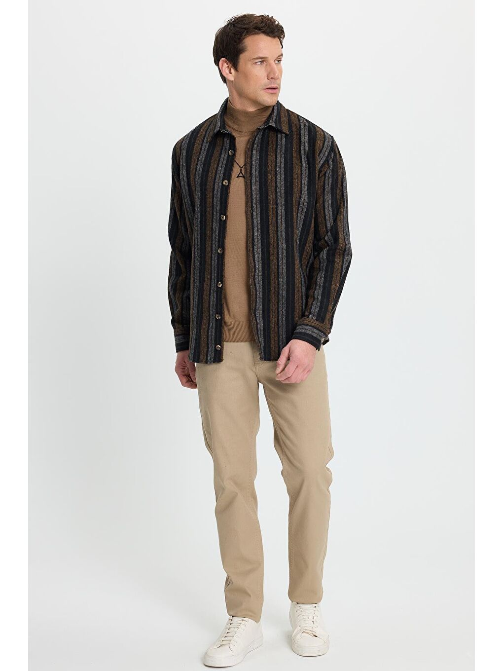 Karışık Erkek Relax Fit Rahat Kesim Spor Yaka Çizgili Oduncu Gömlek-3