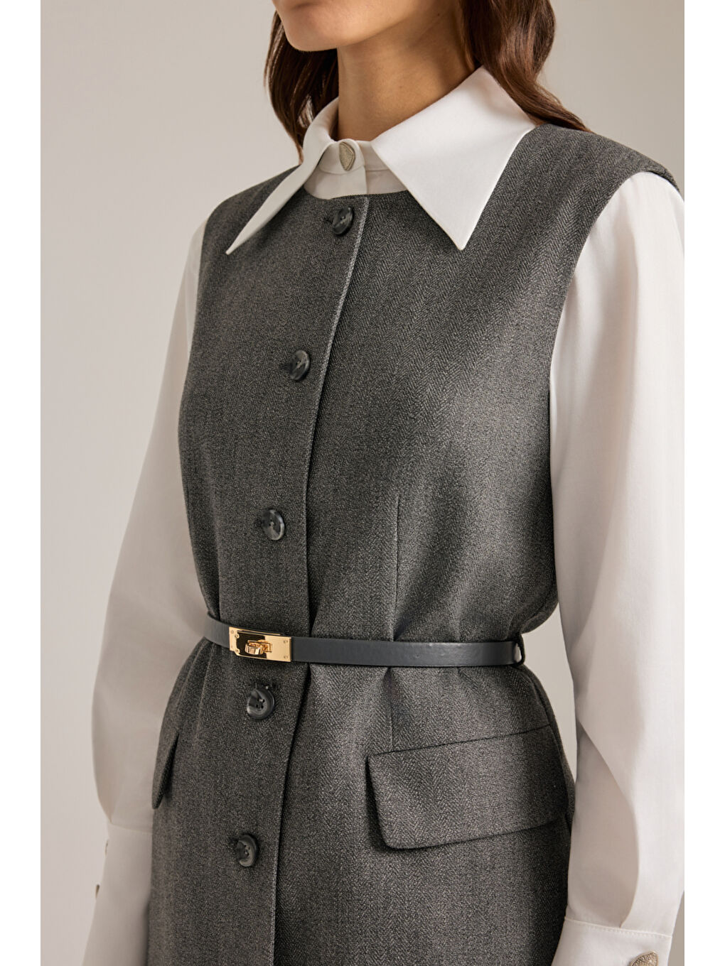Antrasit Deri Kemer Detaylı Dokuma Yelek-3