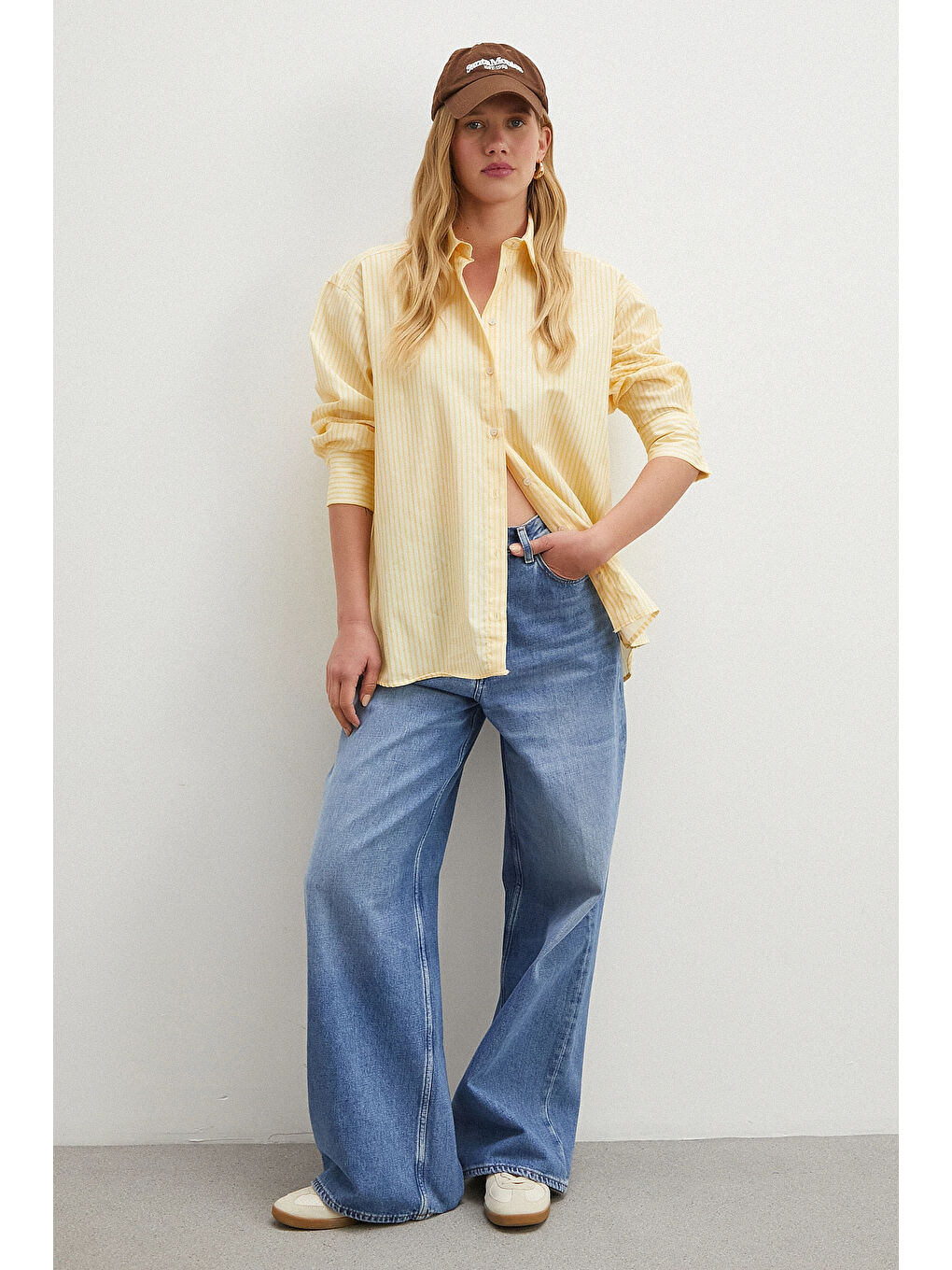 Çizgili Poplin Gömlek Sarı-1