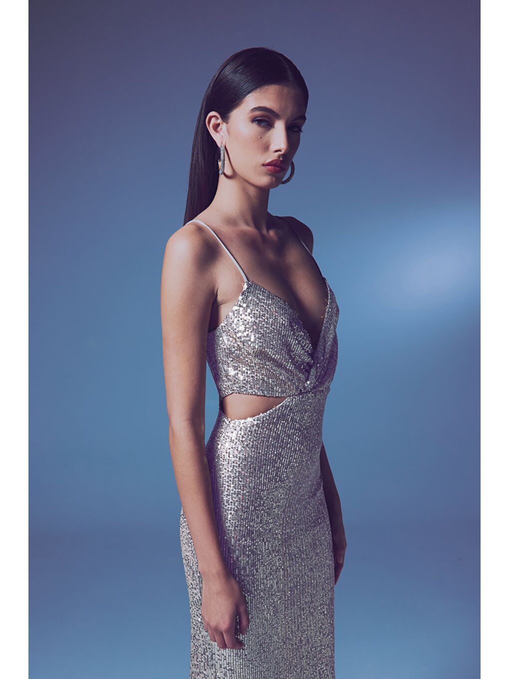 Dekolteli Payet Elbise - Bej-4