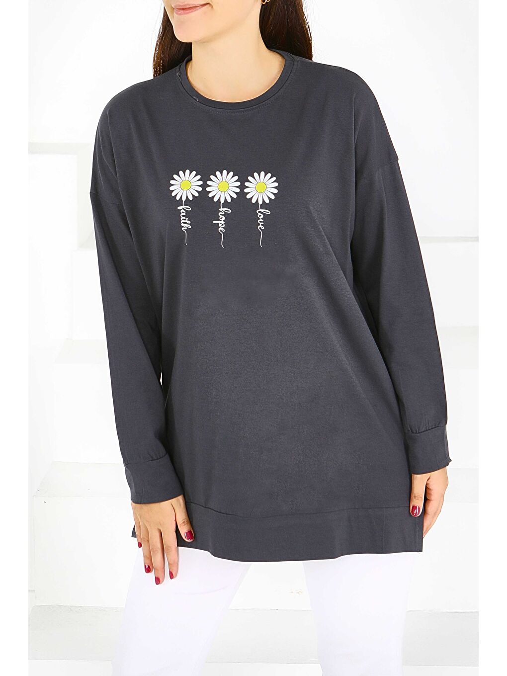 Uzun Kollu Taşlı Süprem Tunik Antrasit - 27583-1