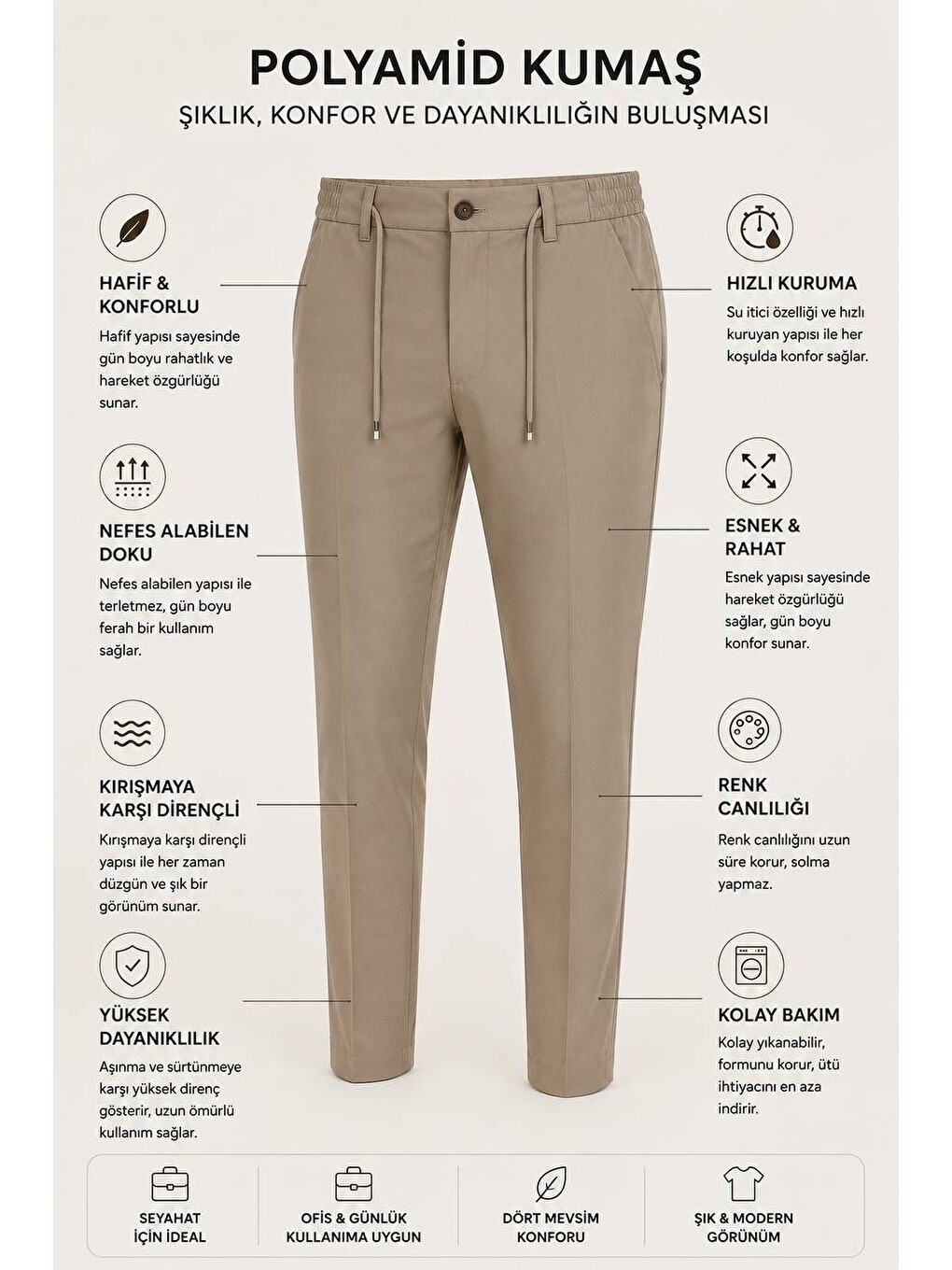 Erkek Premium Poliamid Kumaş Comfort Fit Jogger Bej Pantolon - 252dngr-4