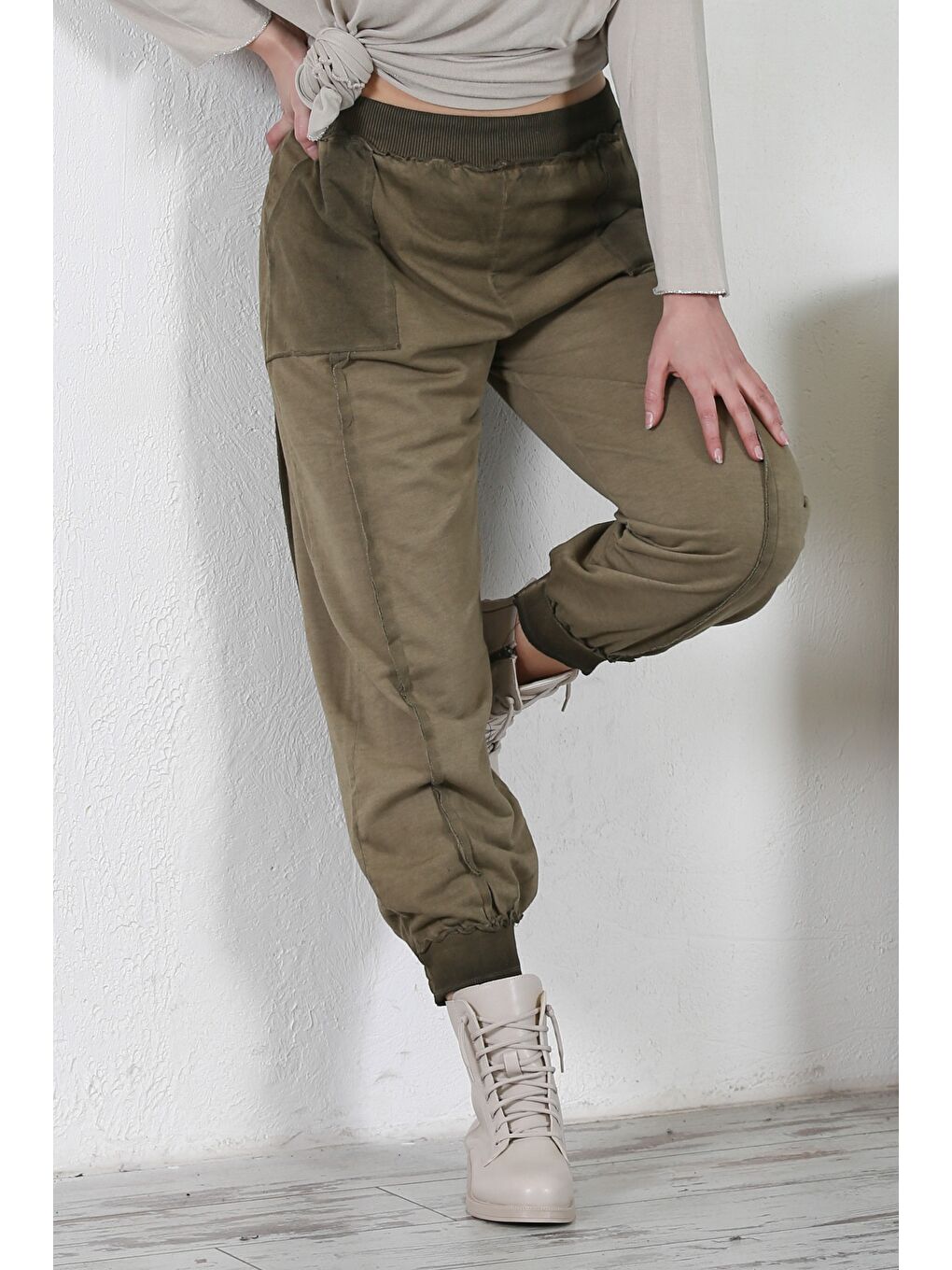 Chiccy Haki Cepli Yıkamalı Lastikli Bel Jogger Paça Casual Örme Pantolon 100 60
