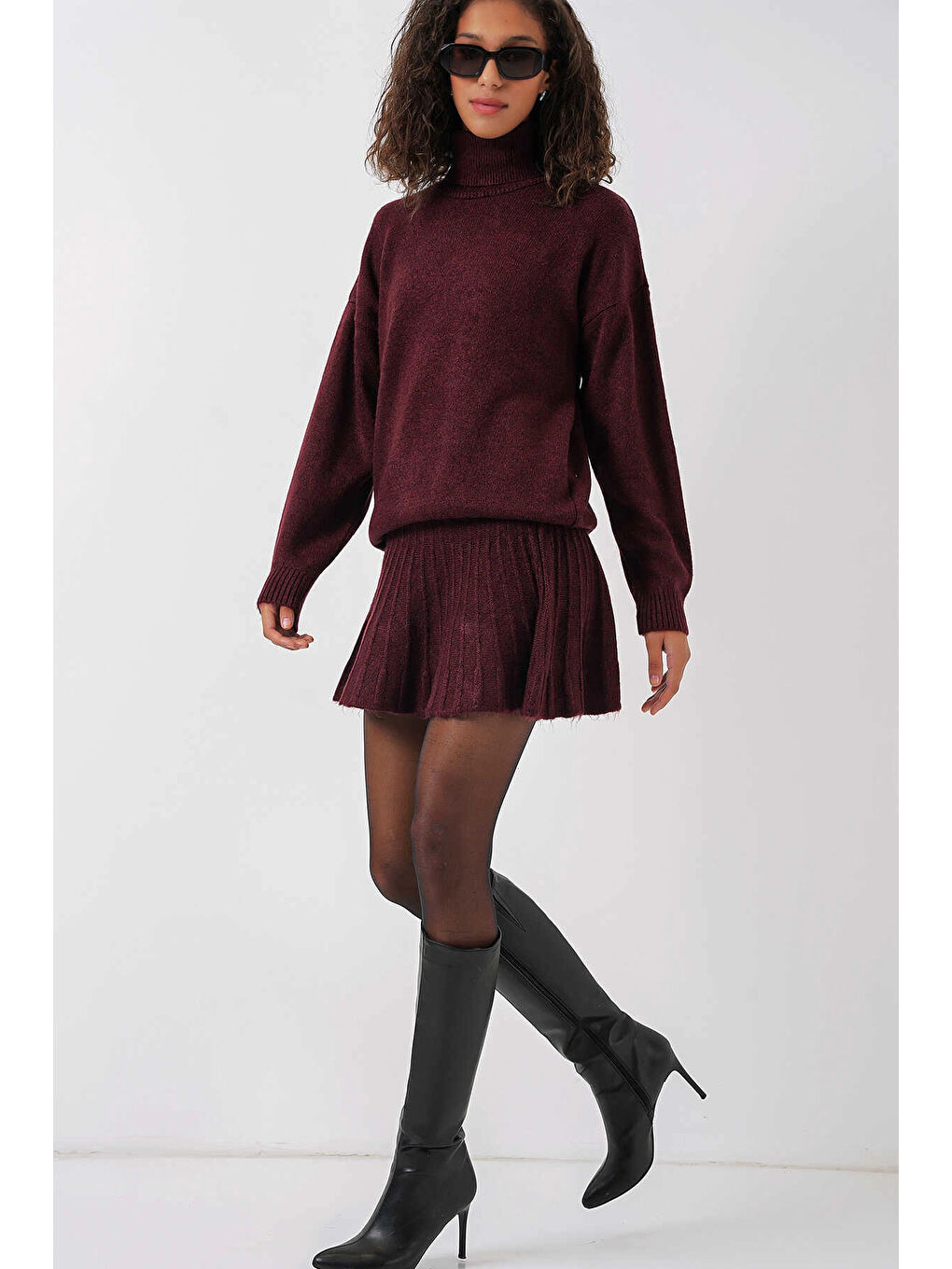 Kadın Mürdüm Kazak Etek Triko İkili Takım HZL25W-BD1102641-2