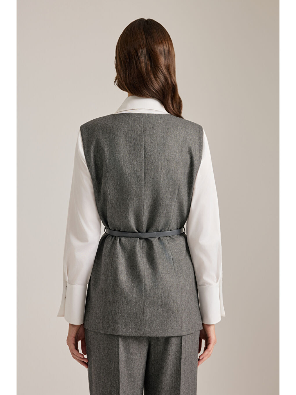 Antrasit Deri Kemer Detaylı Dokuma Yelek-4