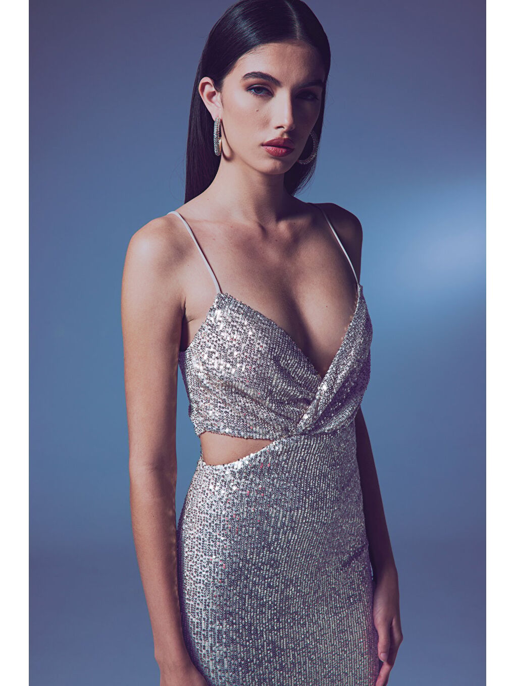 Dekolteli Payet Elbise - Bej-5