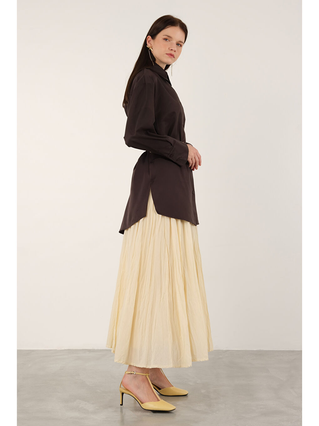 Kahverengi Poplin Gömlek Kısa Koyu Kahve-4