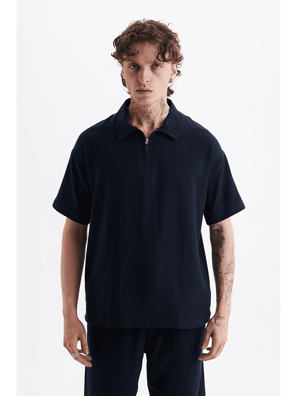 Erkek %100 Pamuklu Keten Görünümlü Pantolon Tshirt Takım Lacivert-1