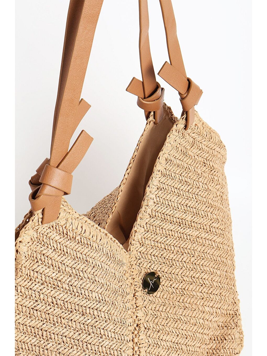 Kahverengi Deri Saplı Camel Renk Plaj Çantası 1114-2