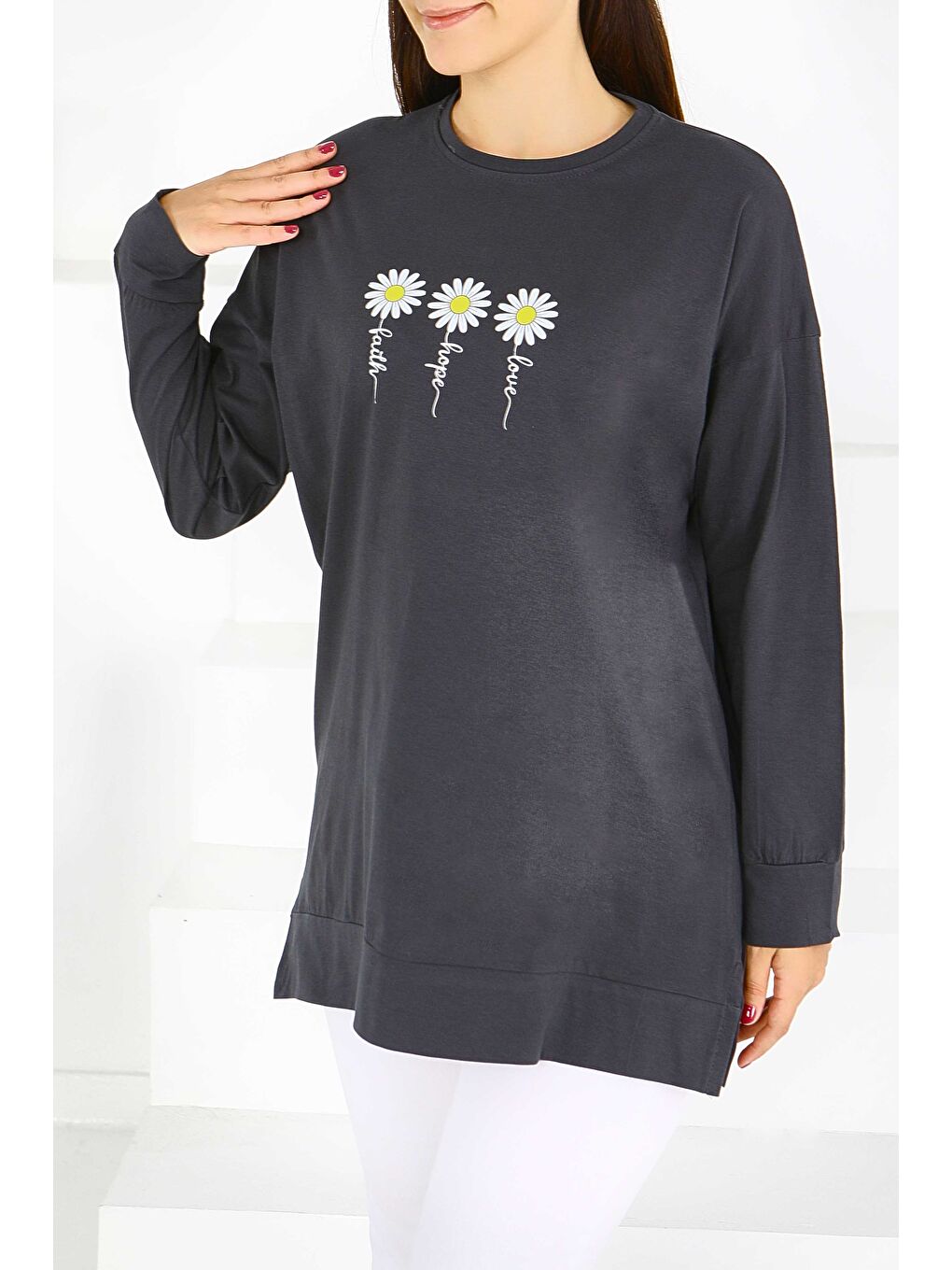 Uzun Kollu Taşlı Süprem Tunik Antrasit - 27583-2