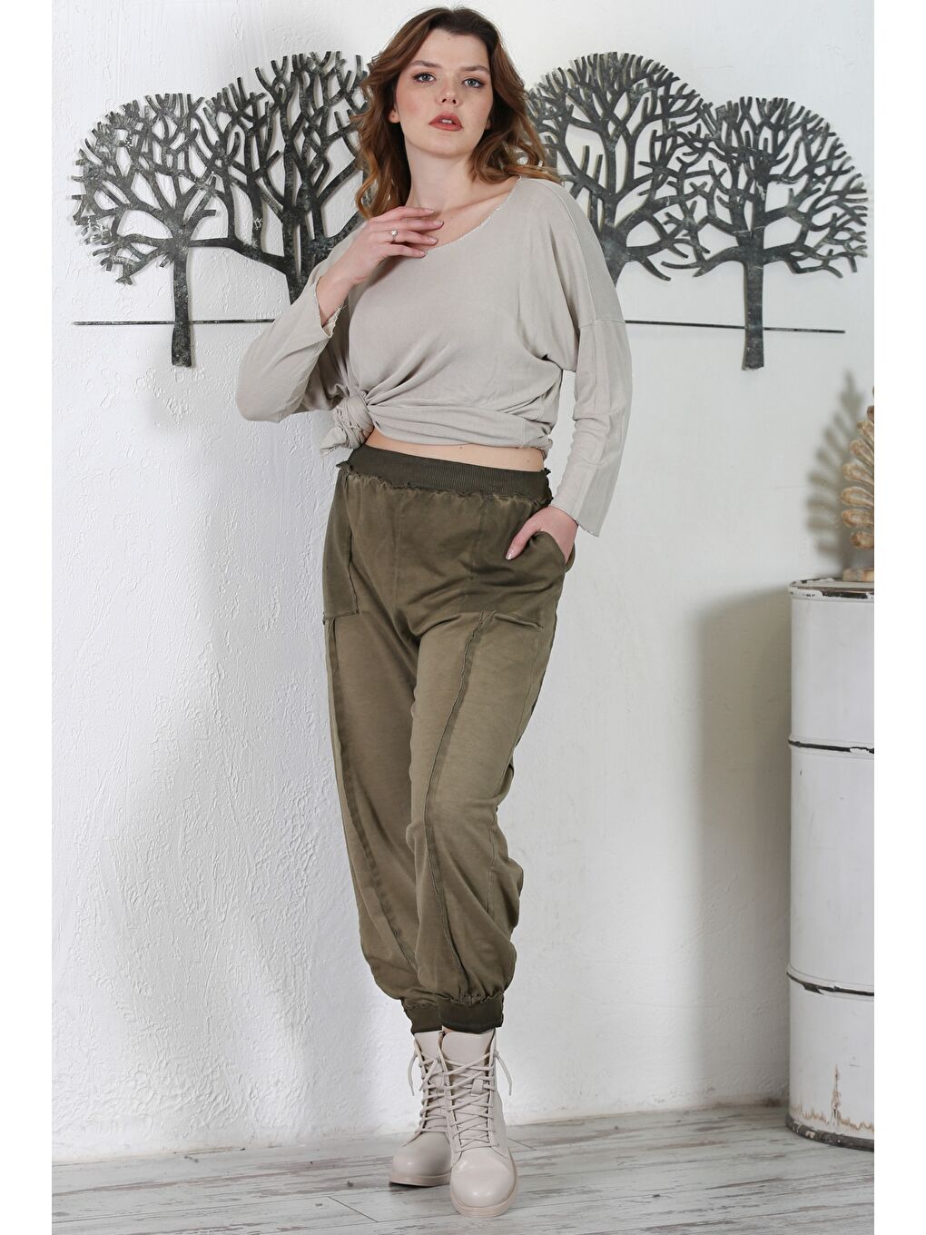 Chiccy Haki Cepli Yıkamalı Lastikli Bel Jogger Paça Casual Örme Pantolon 100 60 - 6