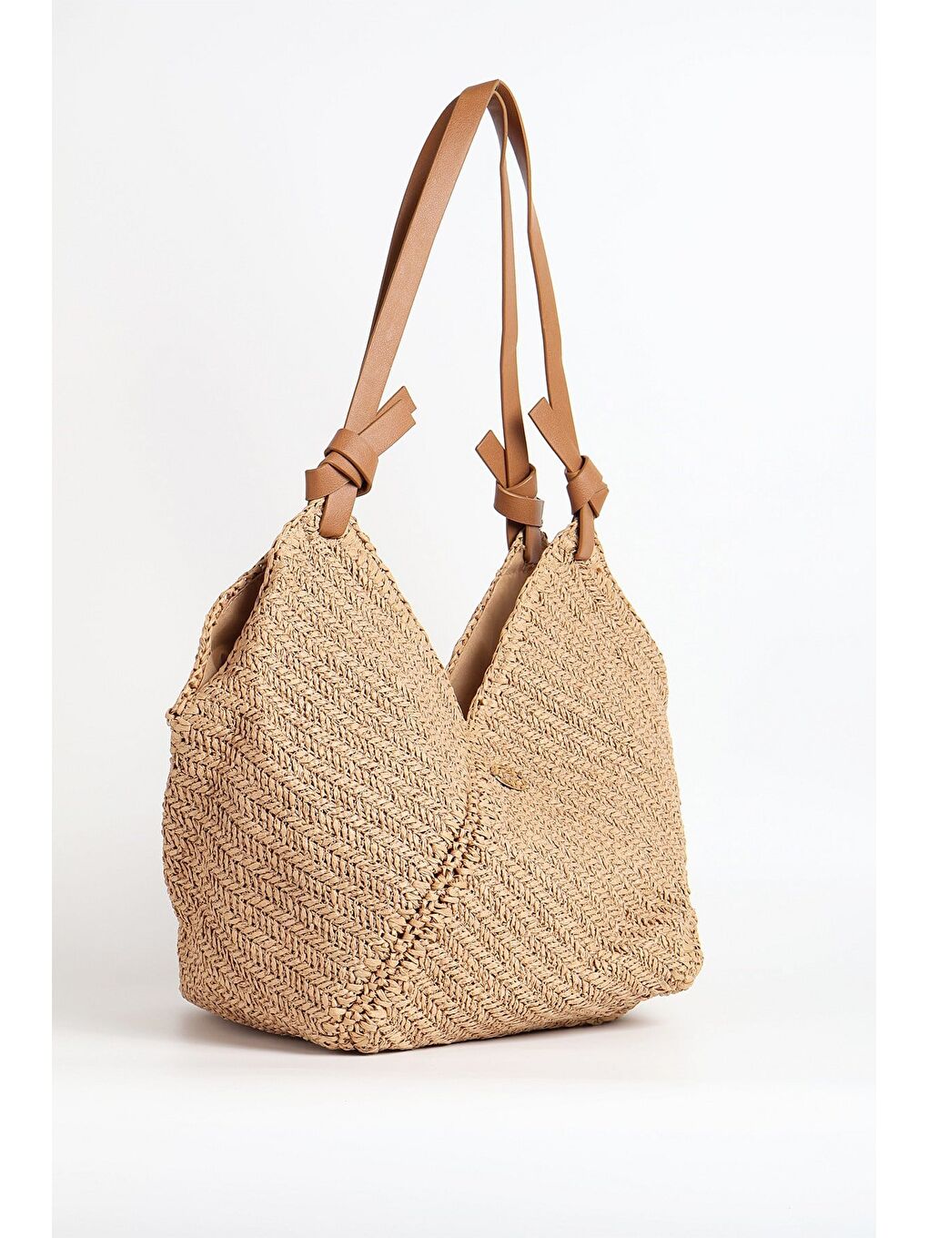 Kahverengi Deri Saplı Camel Renk Plaj Çantası 1114-3