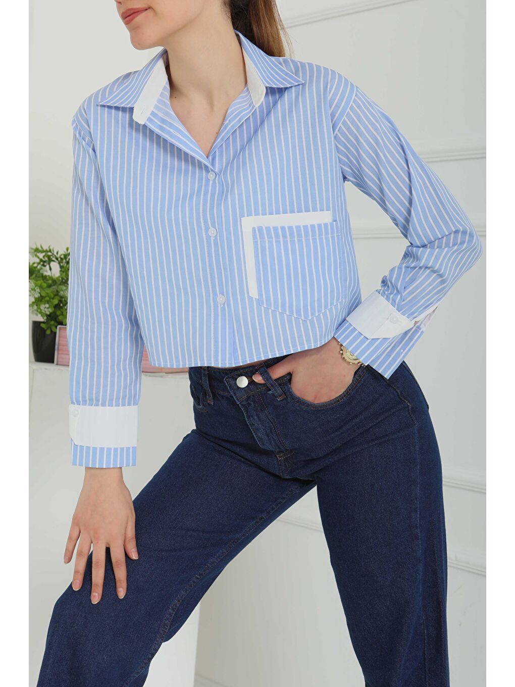 Çizgili Cepli Kısa Gömlek Mavi - 27083