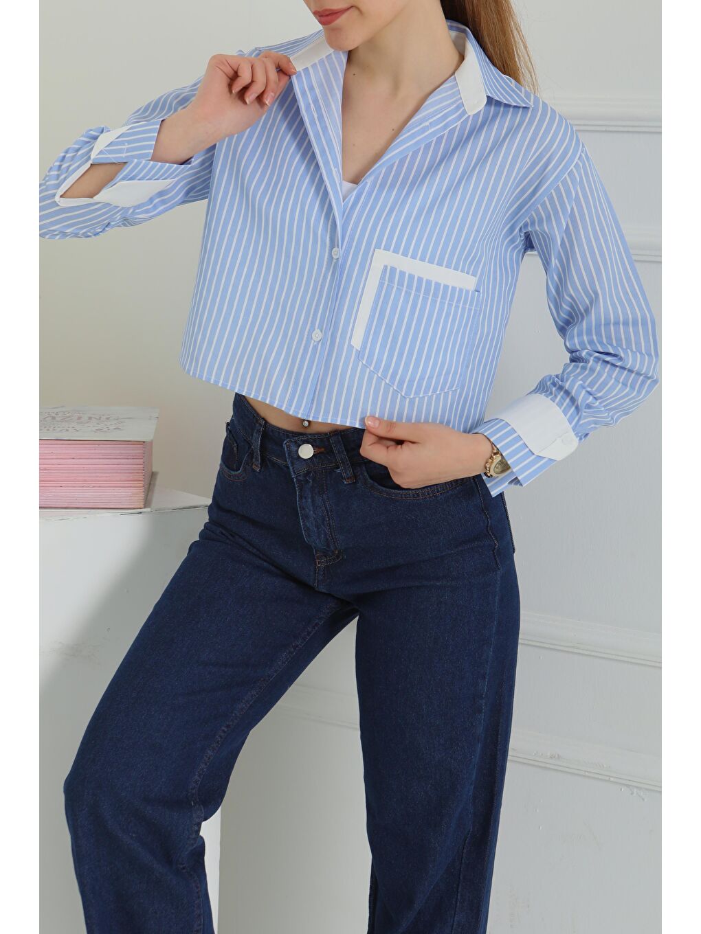 Çizgili Cepli Kısa Gömlek Mavi - 27083-1