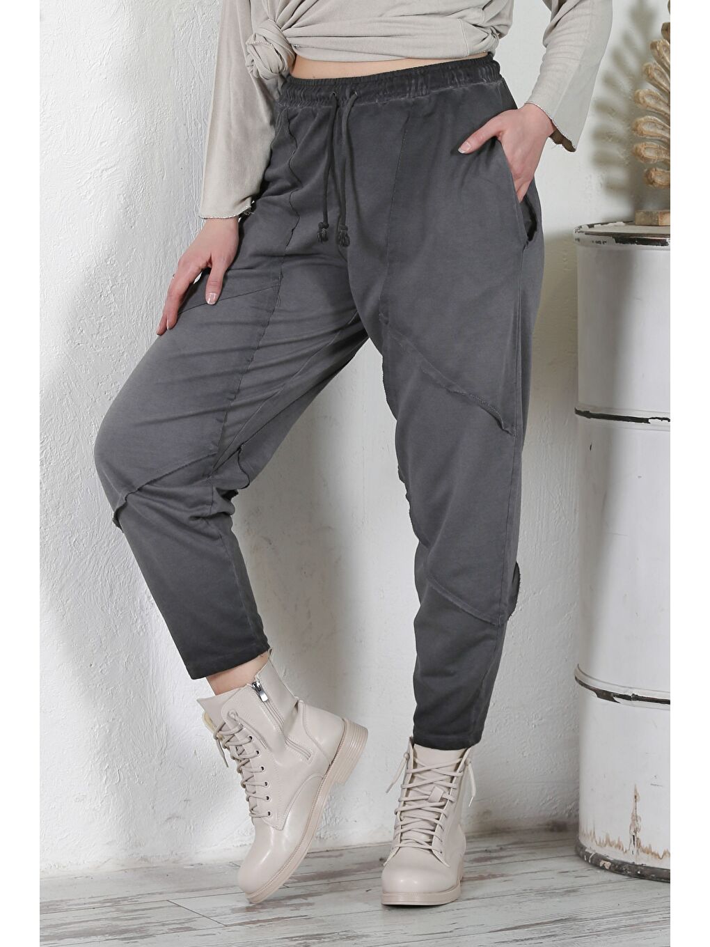 Antrasit Cepli Yıkamalı Lastikli Bel Jogger Paça Casual Örme Pantolon 100 60