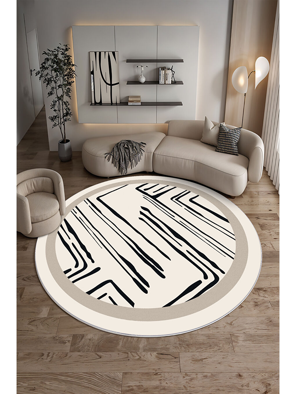 Ekru Dekoratif Salon Halısı, Makinada Yıkanabilir, Kaymaz Taban, İnce & Modern Tasarım-4