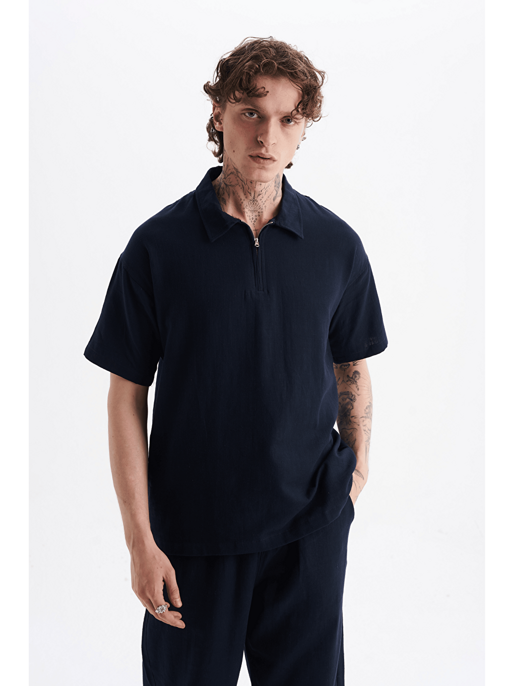 Erkek %100 Pamuklu Keten Görünümlü Pantolon Tshirt Takım Lacivert-2