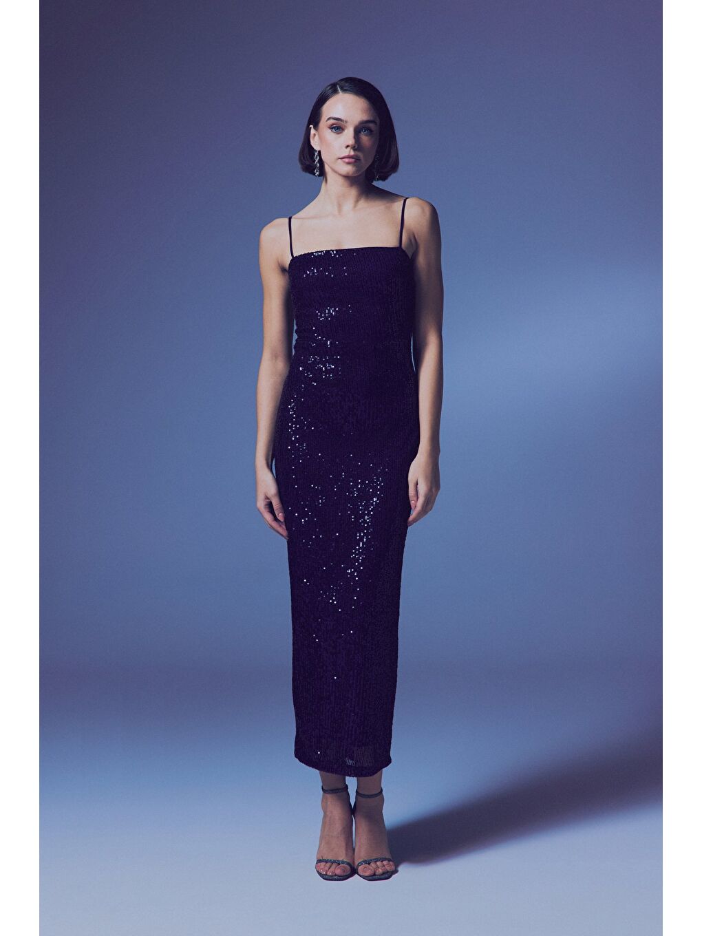 Askılı Uzun Payet Elbise - Lacivert