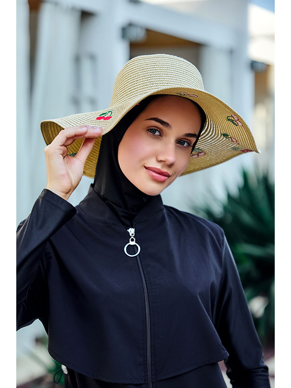 Kiraz Nakışlı Hasır Şapka Plaj Şapkası 2115 Bej