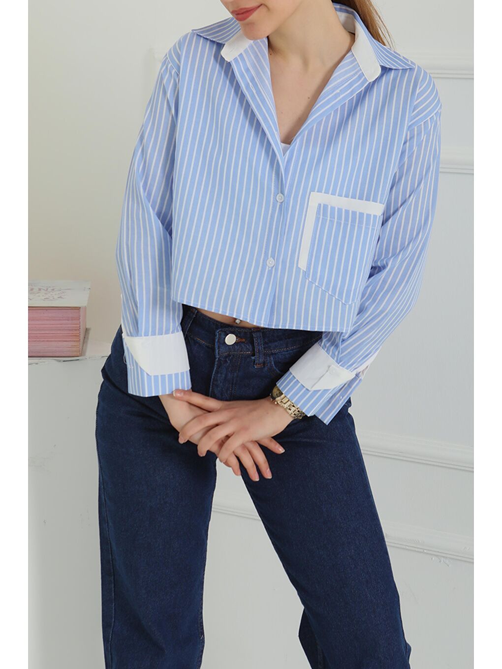 Çizgili Cepli Kısa Gömlek Mavi - 27083-2
