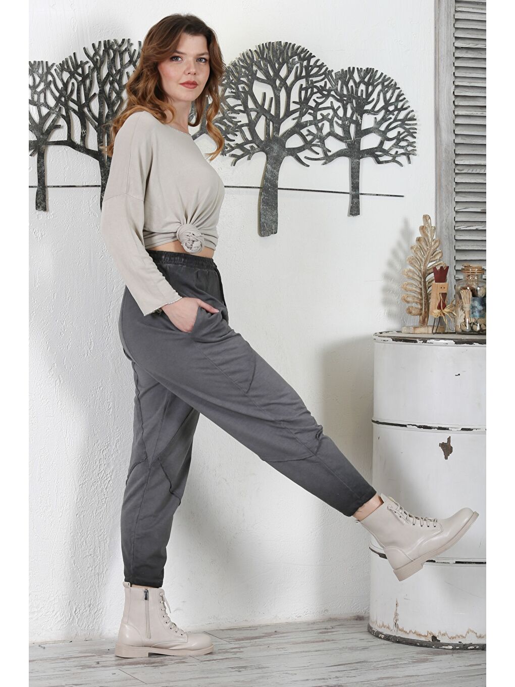 Antrasit Cepli Yıkamalı Lastikli Bel Jogger Paça Casual Örme Pantolon 100 60-1