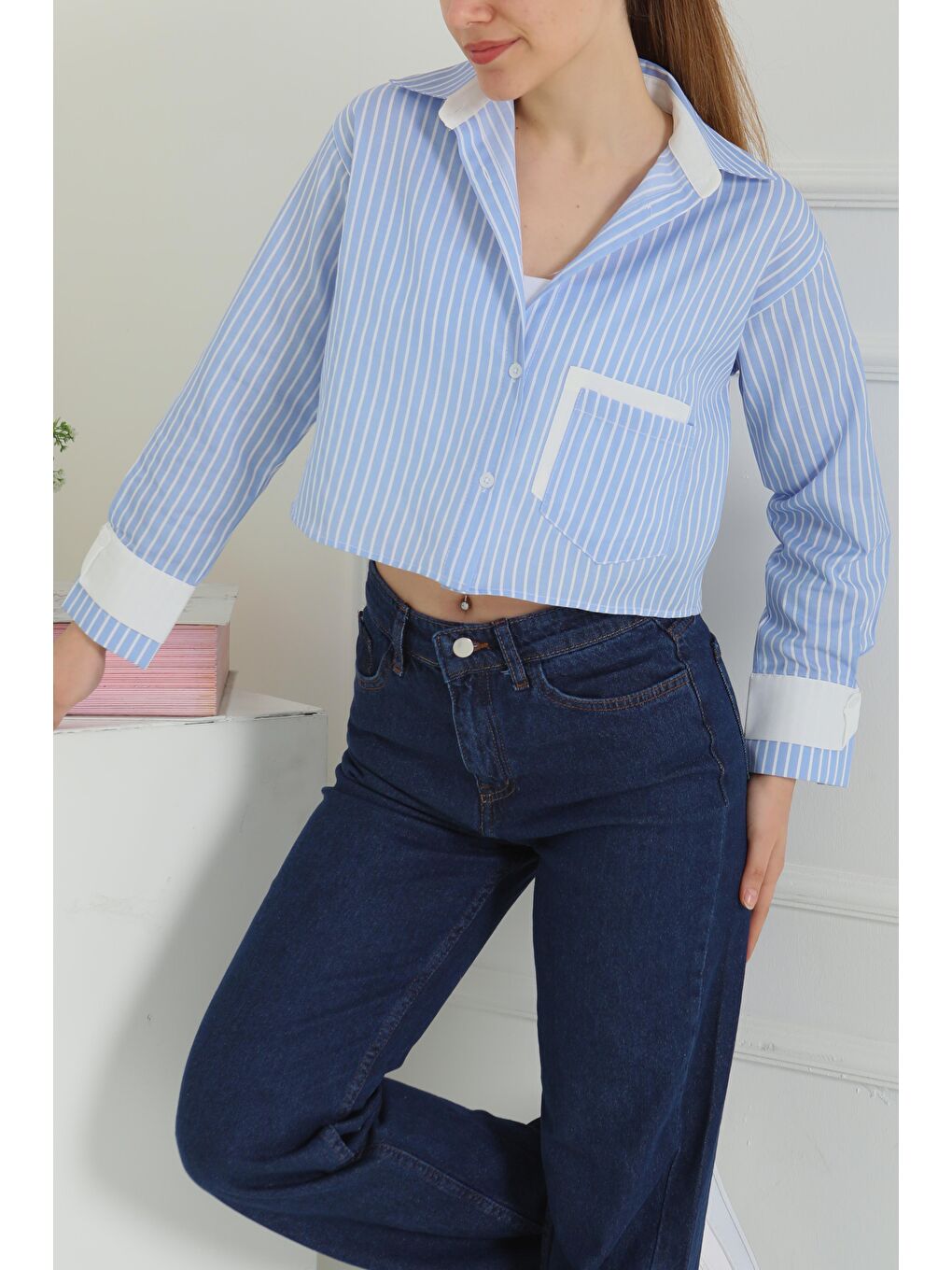 Çizgili Cepli Kısa Gömlek Mavi - 27083-3