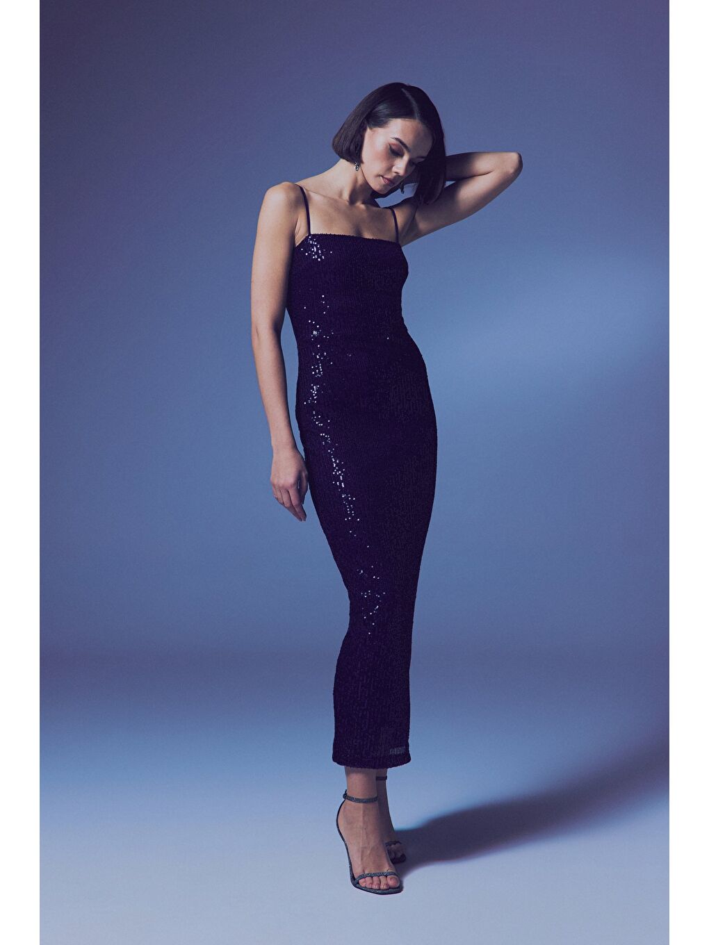 Askılı Uzun Payet Elbise - Lacivert-1